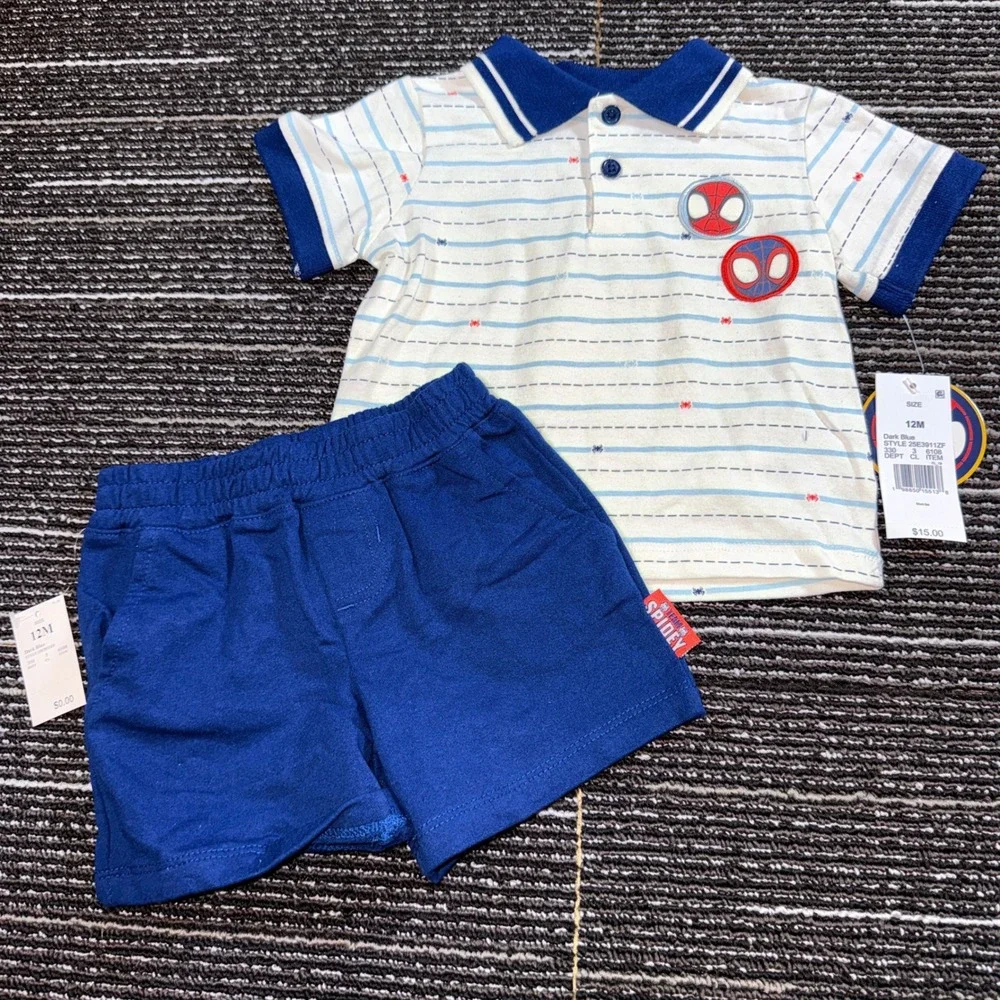 Marvel Spidey and His Amazing Friends Polo Shorts Set Kids 12M New Striped Blue